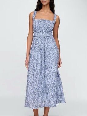 Blue Floral Smocked Maxi Dress with Ruffle Straps
